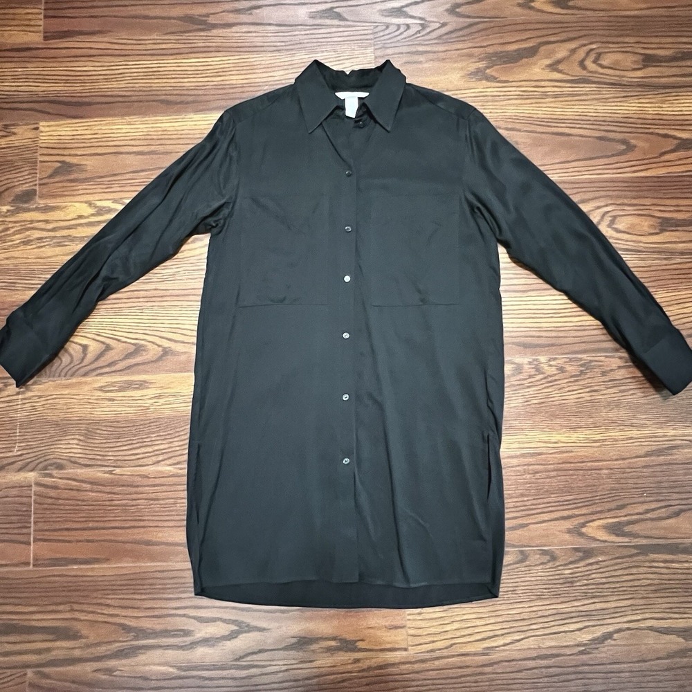 H&M Button Down Shirt Women XS Black Excellent Longline Viscose Minimalist